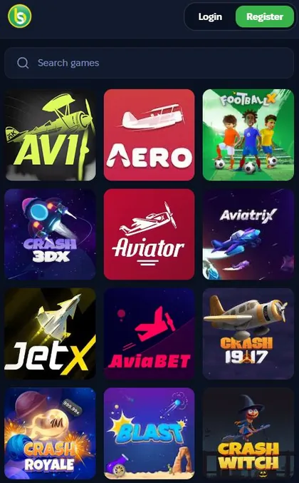 Spurbets Crash Games lobby on a phone with Avi, Aero, FootballX, Aviator, JetX and Crash Royale tiles