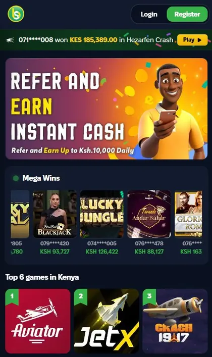 Spurbets mobile homepage with the Login and Register buttons, a Mega Wins feed and the Top 6 games in Kenya