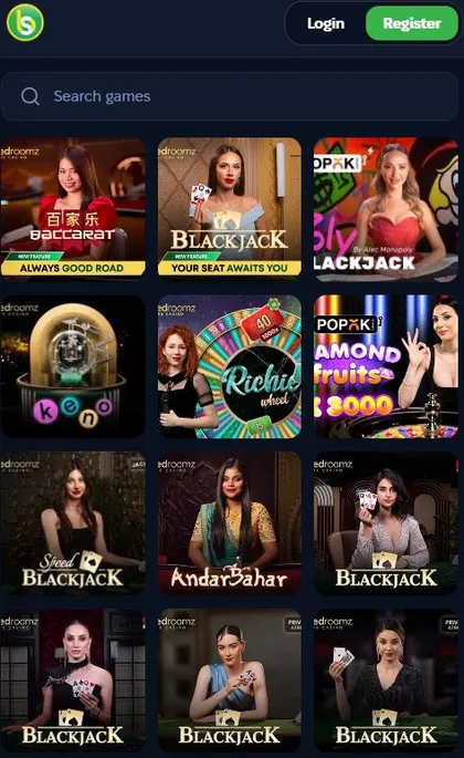 Spurbets live casino lobby with Blackjack, Baccarat, Andar Bahar and Richie Wheel tables