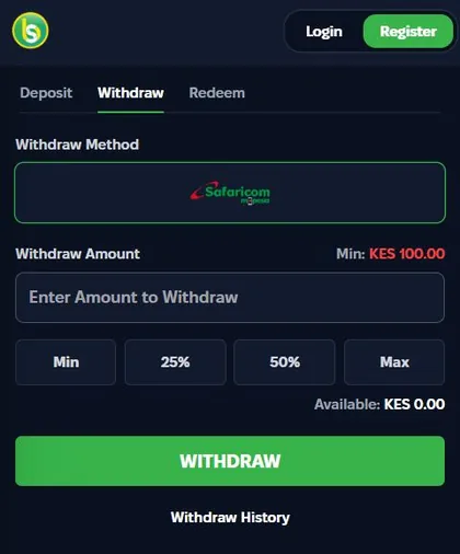Spurbets Withdraw tab with the M-Pesa method, Min KES 100.00 and Min, 25%, 50%, Max buttons
